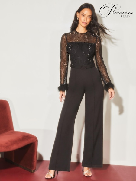 Lipsy Black Petite Premium Feather Cuff Hotfix Diamante Wide Leg Jumpsuit (Q10841) | €73