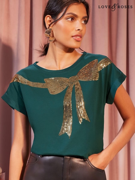 Love & Roses Green Sequin Bow Jersey Short Sleeve T-Shirt (Q11175) | € 16