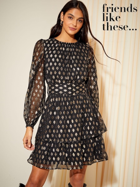 Friends Like These Black Foil Chiffon Tiered Belted Long Sleeve Mini Dress (Q11263) | €27