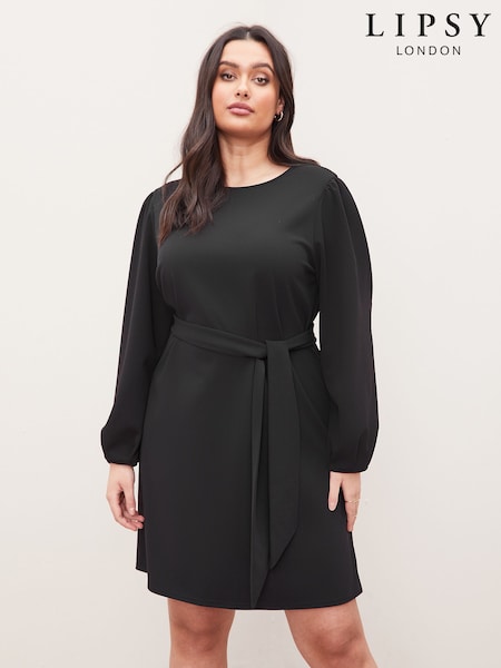 Lipsy Black Curve Long Sleeve Round Neck Tie Waist Shift Dress (Q11559) | €11