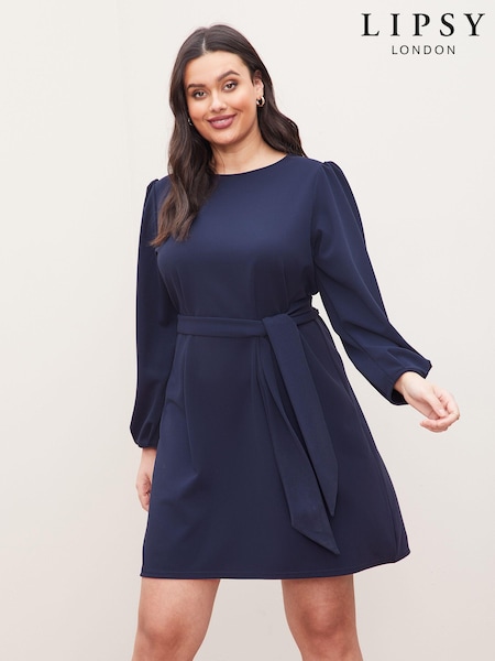Lipsy Navy Curve Long Sleeve Round Neck Tie Waist Shift Dress (Q11560) | €22
