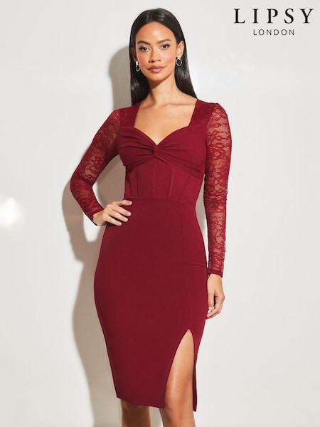 Lipsy Knotted Sweetheart Neck Lace Long Sleeve Corset Dress (Q12398) | 273 LEI