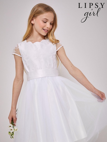 Lipsy Ivory Tulle Lace Cap Sleeve Occasion Dress (Q15007) | €26 - €31