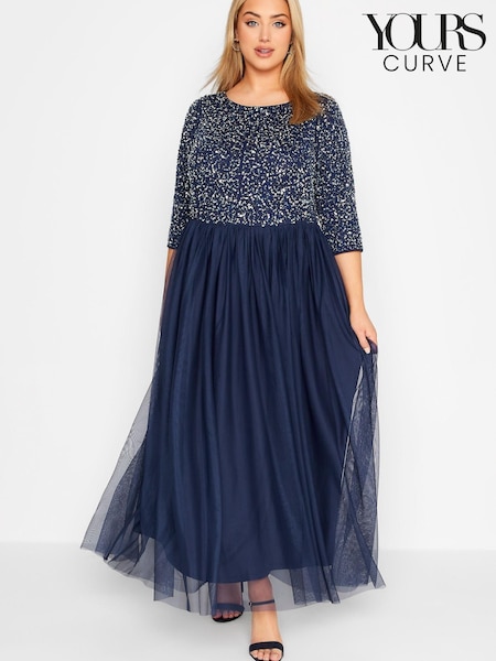 Yours Curve Blue 3/4 Sleeve Sequin Maxi Dress (Q15279) | €43