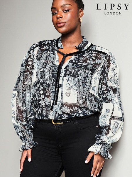 Lipsy Black Paisley Curve Sheer Tie Neck Long Sleeve Blouse (Q16690) | €25