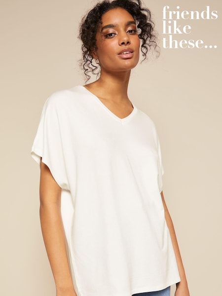 أبيض عاجي - Friends Like These Short Sleeve V Neck Tunic Top (Q17836) | ‏81 د.إ.‏