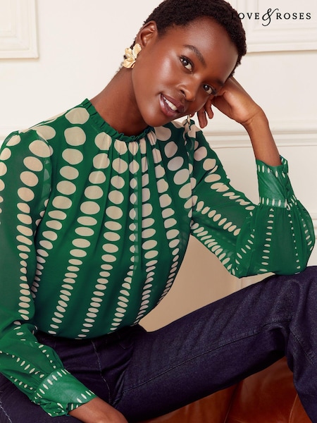 Love & Roses Green Printed Ruched High Neck Long Sleeve Chiffon Blouse (Q19673) | €31