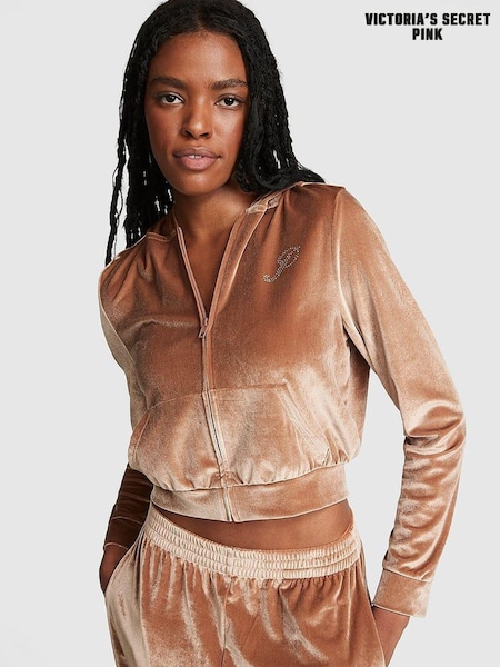 Victoria's Secret PINK Caramel Kiss Brown Velour Logo Shine Hoodie (Q19776) | €29