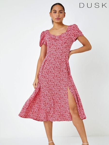 Dusk Red Ditsy Floral Bow Detail Midi Dress (Q20594) | €27