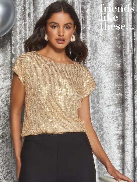 Золотой - Friends Like These Short Sleeve Sequin T-Shirt (Q21283) | €19