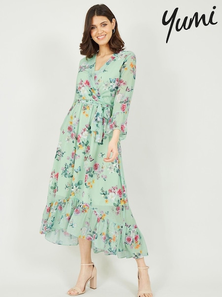 Yumi Green Floral Wrap V-Neck Dress (Q21375) | €33