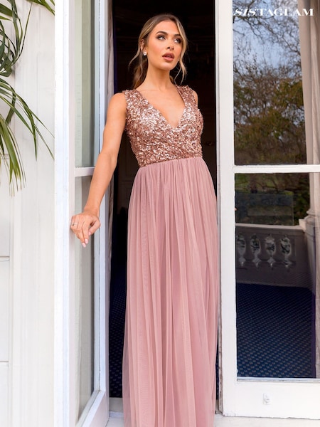 Sistaglam Rose Gold Petite V Neck Maxi Dress With Sequin Top (Q21473) | € 93