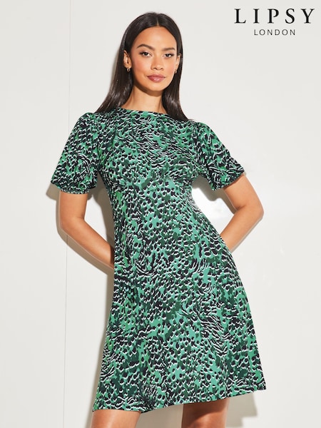 Lipsy Green Animal Jersey Underbust Puff Sleeve Mini Dress (Q22226) | € 17