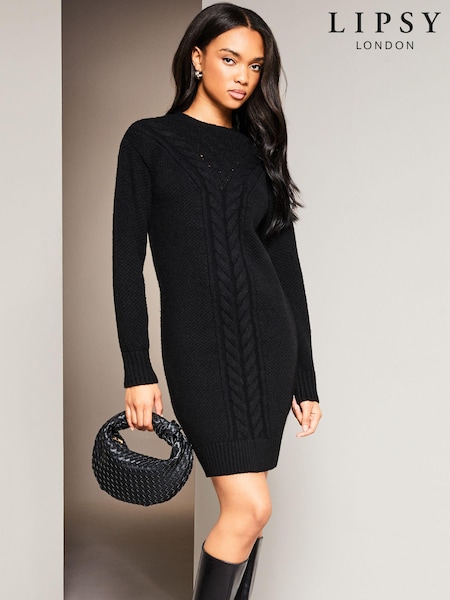 Lipsy Black Cosy Pointelle Crew Neck Knitted Jumper Dress (Q22618) | €14