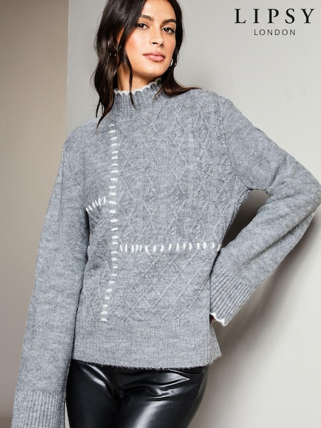 Lipsy Grey Whipstitch High Neck Flute Sleeve Knitted Jumper (Q22627) | €37