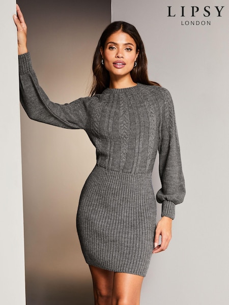 Gri - Rochie tip pulover tricotată cu torsade Tricou la baza gâtului Lipsy (Q22723) | 247 LEI
