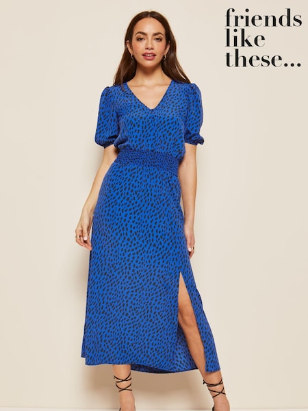 Friends Like These Cobalt Blue Puff Sleeve Ruched Waist V Neck Midi Summer Dress (Q22832) | €15