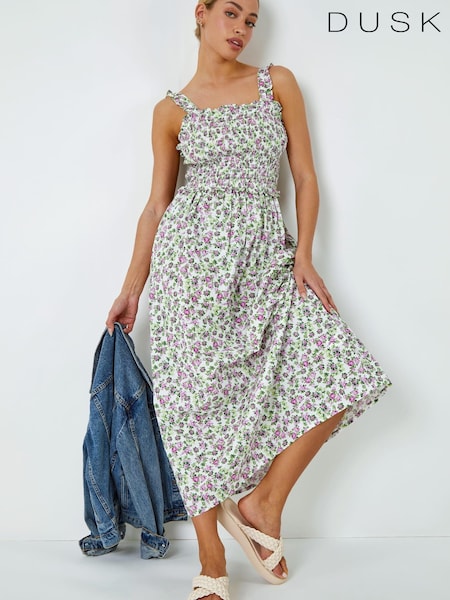 Dusk White Multi Floral Print Shirred Stretch Maxi Dress (Q22858) | €18