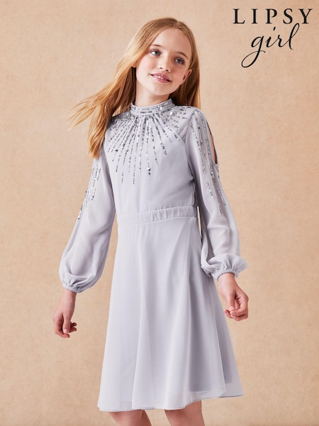 Lipsy Grey Long Sleeve Sequin Occasion Dress (Q23416) | €42.50 - €48