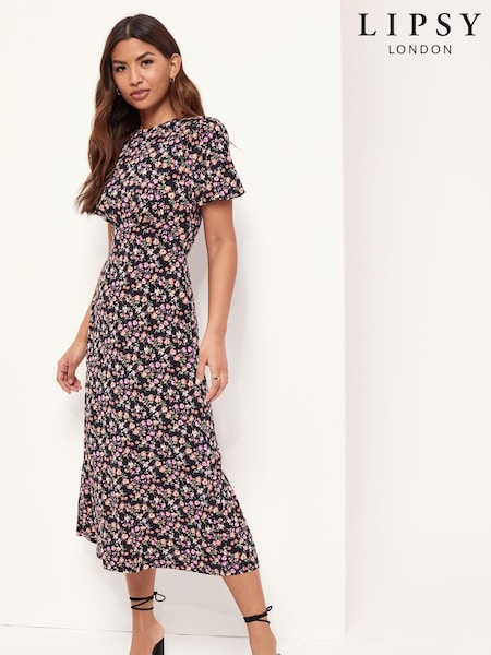Lipsy Floral Petite Jersey Puff Short Sleeve Underbust Midi Dress (Q24985) | € 17