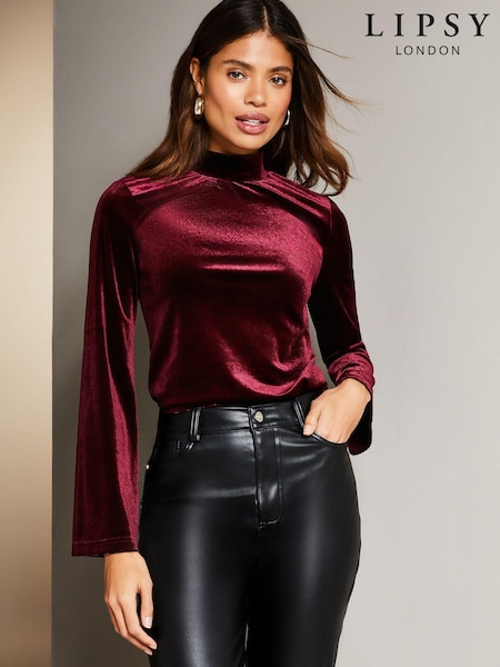 Lipsy Berry Red Flare Sleeve High Neck Blouse (Q26493) | 90 QAR