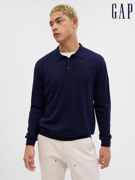 Gap Blue Merino Wool Long Sleeve Polo Jumper (Q26856) | €72