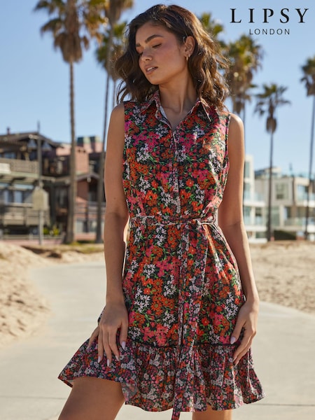 Lipsy Red Ditsy Sleeveless Tiered Belted Shirt Dress (Q27996) | €18