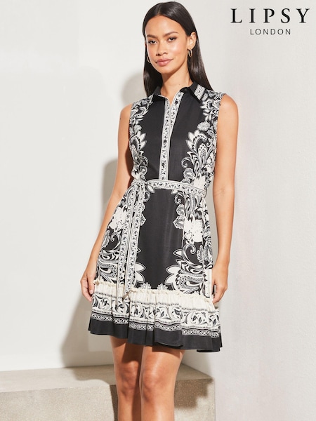 Lipsy Black/White Sleeveless Tiered Belted Holiday Shop Shirt Dress (Q28759) | € 19