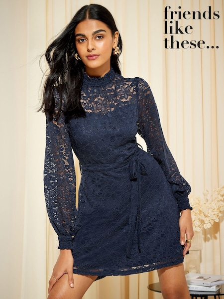 Friends Like These Navy Blue Long Sleeve Lace Mini Dress (Q29707) | €28