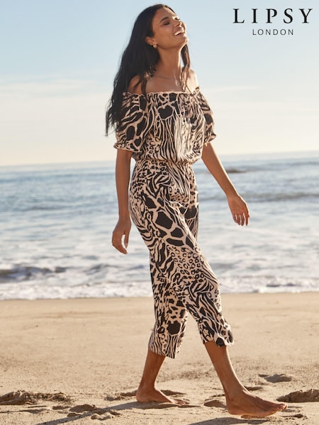 Lipsy Black Petite Printed Bardot Off Shoulder Puff Sleeve Jumpsuit (Q29998) | €17