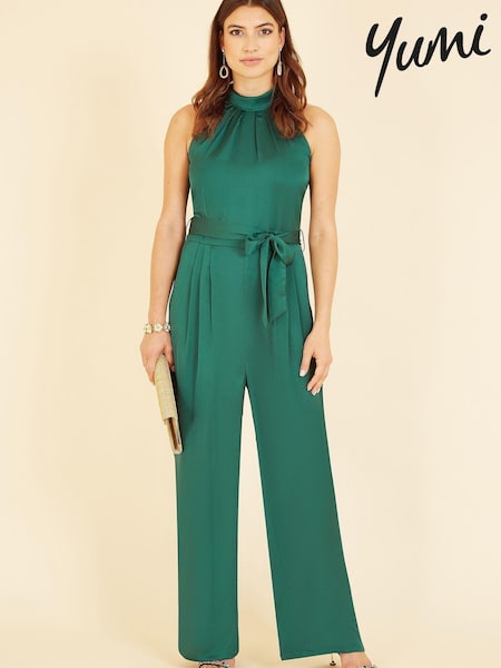 Yumi Emerald Green Satin Halterneck Jumpsuit With Pockets (Q30643) | €30