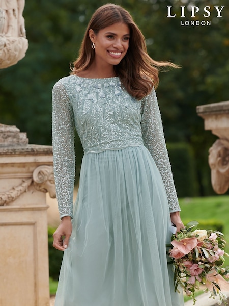 Lipsy Green Natalie Embellished Sleeved Bridesmaid Midi Dress (Q30862) | €31