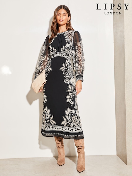 Lipsy Black White Placement Print Long Sleeve Midi Dress (Q30956) | € 19