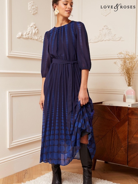 Love & Roses Navy Blue  Polka Dot Petite 3/4 Sleeve Printed Pleated Belted Midi Dress (Q31167) | €32