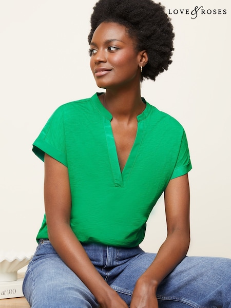 Love & Roses Jersey V Neck Woven Trim Short Sleeve T-Shirt (Q31210) | 91 LEI