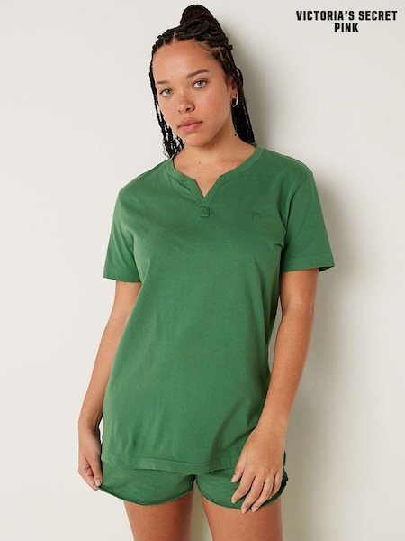 Victoria's Secret PINK Forest Pine Green Cotton ShortSleeve Henley Campus TShirt (Q31470) | €15.50