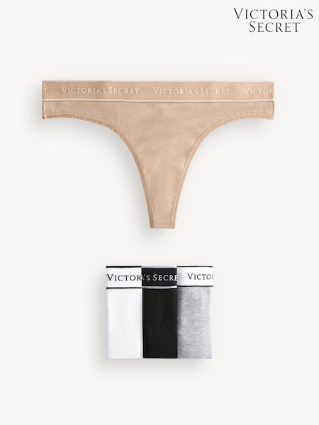 Victoria's Secret Black/White/Grey/Nude Thong Logo 4 Pack Knickers (Q31606) | €22.50