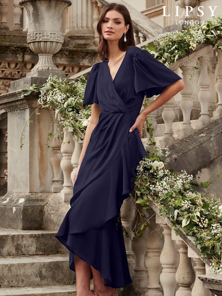 Lipsy Navy Flutter Sleeve Wrap Front Bridesmaid Maxi Dress (Q32075) | €19
