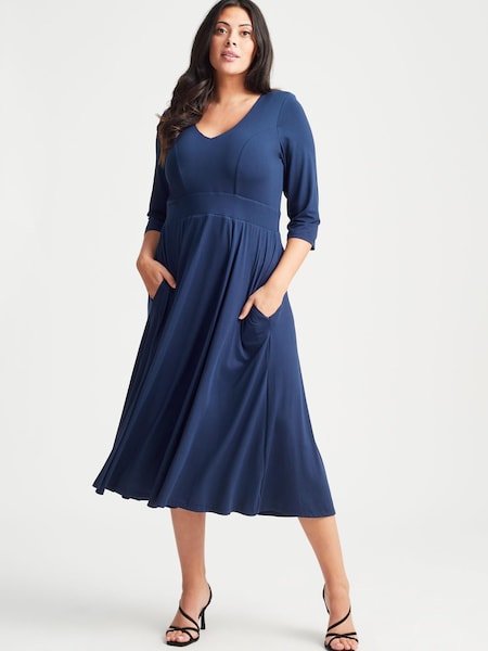 Scarlett & Jo Navy Curve V Neck Long Peach Touch Midi Dress (Q32290) | €43