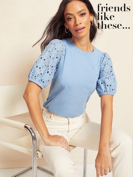 Friends Like These Blue Broderie Puff Sleeve Round Neck Top (Q32660) | €12