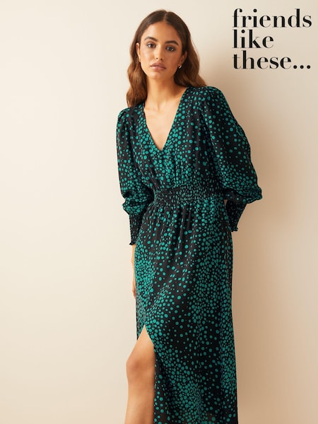Friends Like These Green Black Print Petite V Neck Shirred Waist Long Puff Sleeve Midi Dress (Q32779) | €29
