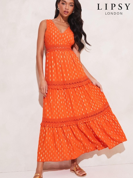 Lipsy Orange Foil Printed Metallic V Neck Crochet Lace Trim Maxi Dress (Q33143) | € 33