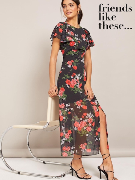 Friends Like These Black Floral Chiffon Flutter Sleeve Midi Dress (Q33502) | AED136