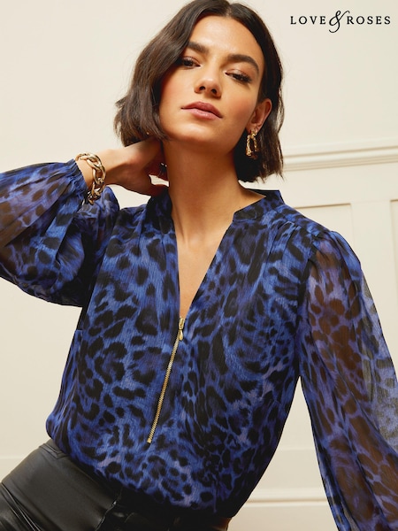 Темно-синий Animal - Love & Roses Zip Front Mix Sheer Long Sleeve Blouse (Q33559) | €12
