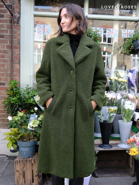 Love & Roses Khaki Green Teddy Longline Button Through Trench Coat (Q33638) | €55