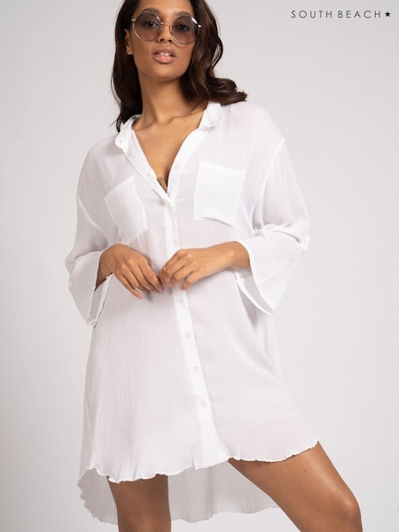 Weiß - South Beach Crinkle Beach Shirt With Pocket (Q33850) | 18 €