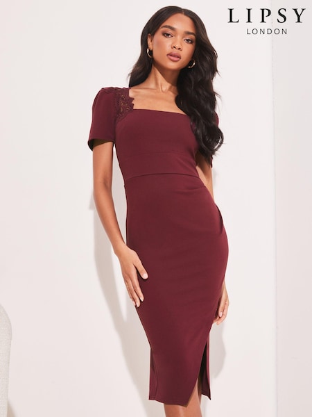 Berry Red - Lipsy Lace Bodycon Square Neck Short Sleeve Midi Dress (Q34875) | 273 LEI
