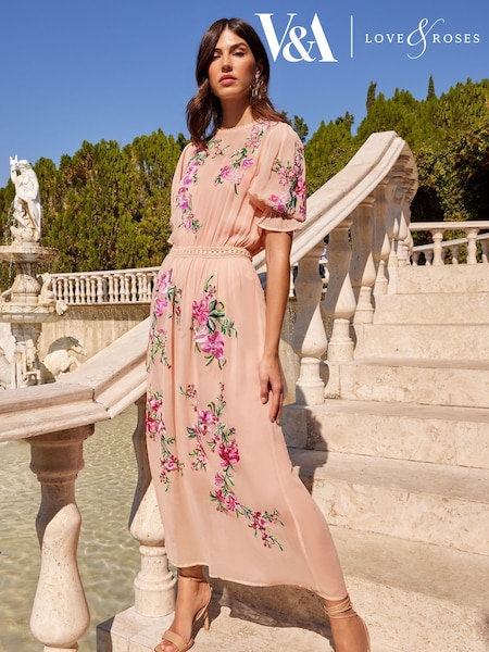V&a L Love & Roses Embroidered Puff Sleeve Midi Dress (Q34954) | ‏62 ر.ع.‏
