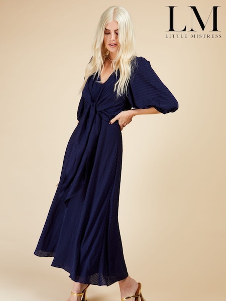 Little Mistress Navy Blue Check Tie Detail Midi Dress (Q35066) | €45