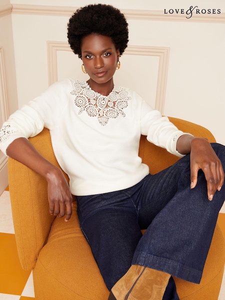 Love & Roses Ivory White Round Neck Crochet Mix Long Sleeve Jumper (Q35926) | AED48